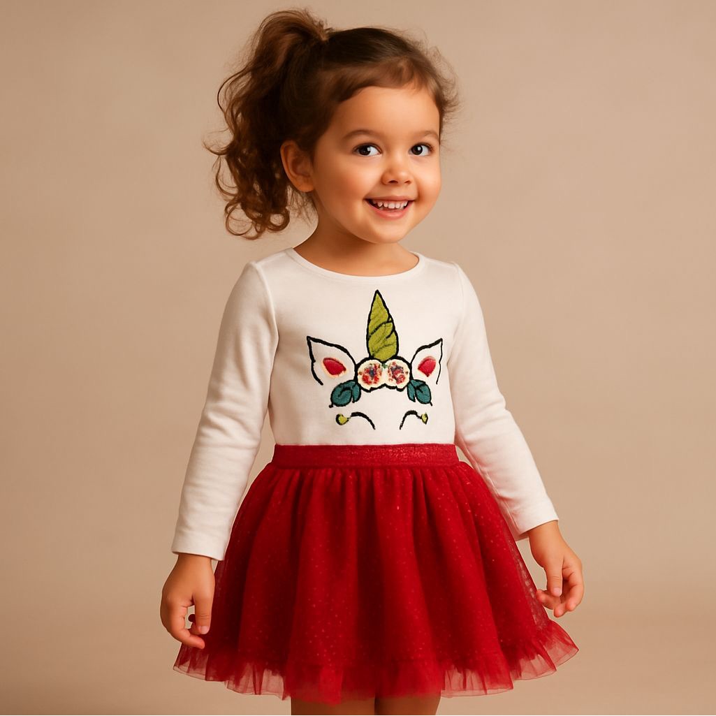 Toddler Girl Unicorn Holiday Dress - Size 4 - Red Tulle Skirt